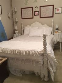 White poster bed - headboard, footboard, and linens