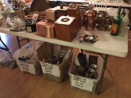 Vintage cake plate, canister set, lots of kitchen items in bins by price