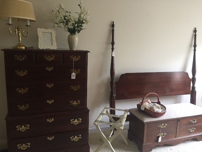Tall mahogany dresser, headboard, Lane cedar chest and luggage rack
