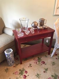 Side table with mid-century tea set and Waterford crystal, Stark area rug - ivory with floral