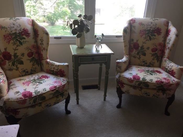 Wing-back chairs and side table 