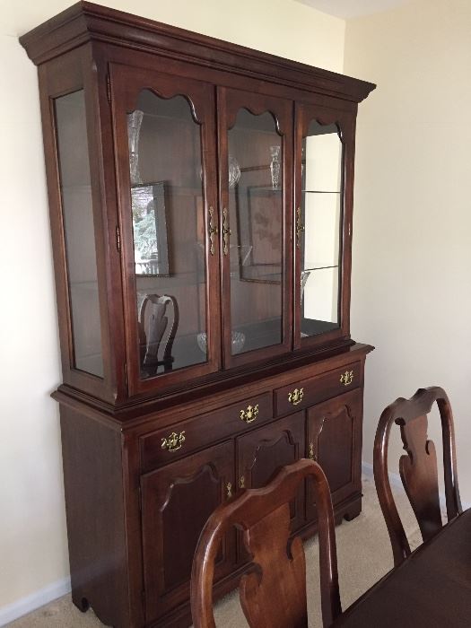 Mahogany china cabinet - lit  with glass shelves and bottom section is a sideboard - 2 pieces