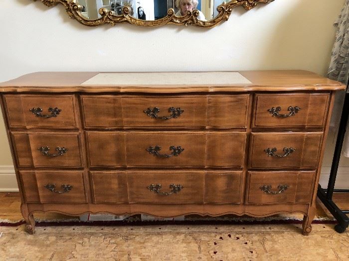 Antique Marble Inlay 9 Drawer Dresser; Dimensions: 63" Length X 18.75" Depth X 32" Height