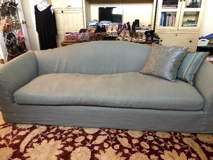 Beautiful Sofa w/Blue Linen Slipcover; Dimensions:  34.50" Depth  X 32" Height (Back) 18" Height (Seat) X 95" Length