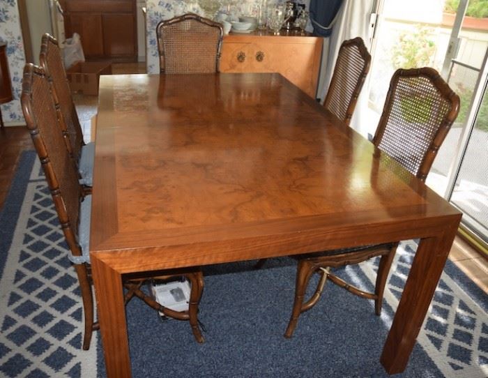 Vintage burl wood dining table w/ 2 leaves and 6 chairs