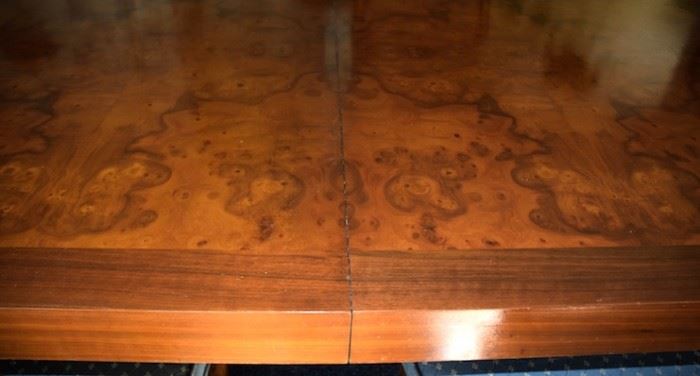 Close-up of burl wood dining table 