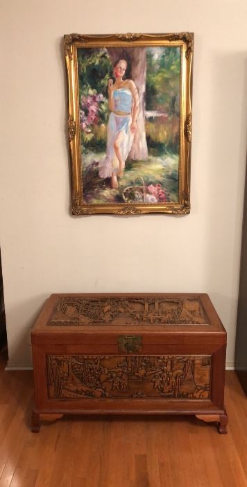 Hand Carved Trunk from Hong Kong & Oil Painting
