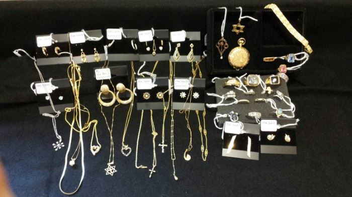 14k gold jewelry - earrings, necklaces, rings, pendants, pocket watch. NOTE: Gold, Sterling & Coins have been removed from house and will not be on site until day of sale. 