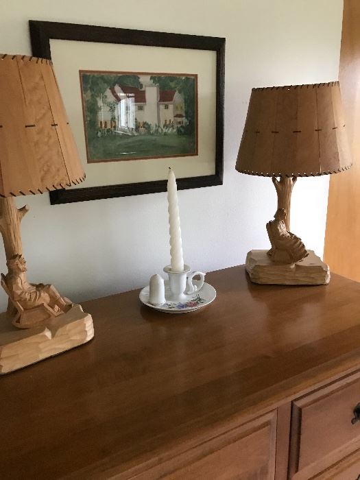 A pair of carved lamps with thin wood shades!