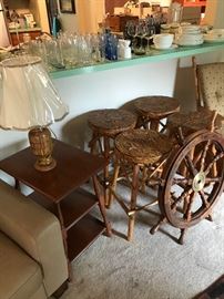 Set of 4 handcrafted stools with a ships wheel in front!