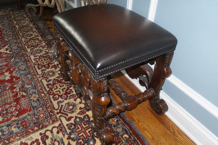 #15   Hand Carved.                                                     Piano Bench Leather top.     $500                          Hand woven Persian Rug 10 x 14  $1500. 