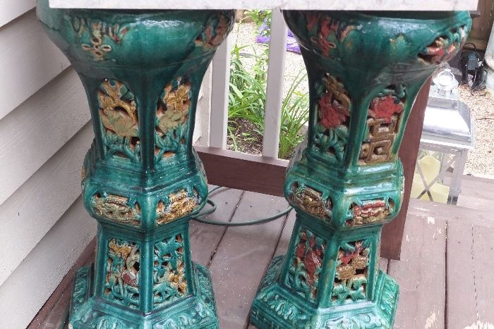 #33   19 century Pair of MAJOLICA PEDESTALS   / Plant Stands    Very Heavy.    $500. 