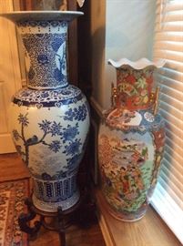 #183      Large Blue & White Happiness Floor Vases Have pair   $  4000. pair                                          Chinese Canton rose Medallion Vases   Pair    $2000.                                   