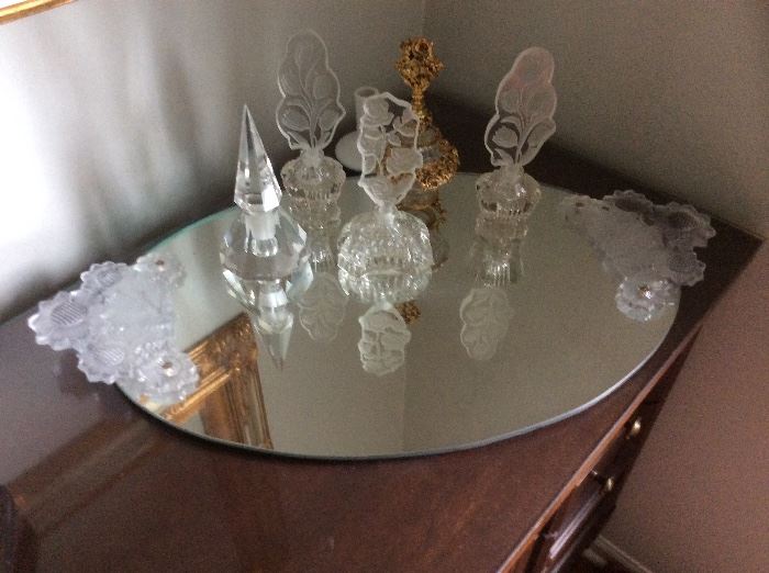 #250    Vintage Vanity Mirror / 5 Perfume Decanters   Crystal, Imported European      Complete Set   $300.