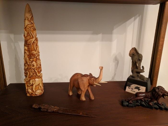 Carved Elephant Tusk and elephant figures