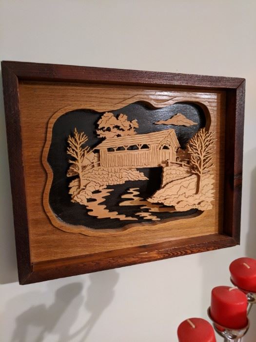 Wood carving relief covered bridge