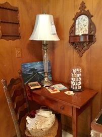 Desk, chair, lamp, thimbles, hanging mirrored antique 