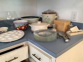 Crockpot, bowls, glass, utensils 