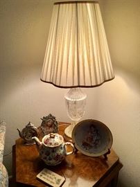 Teapots, glass, pair of end tables