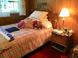 Bed, side table, bedding