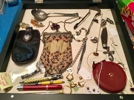 Jewelry, pens, silver, mesh antique purse, Aigner wallet,pocket knife, etc