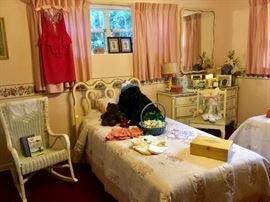 Blonde bedroom suite, wicker rocker