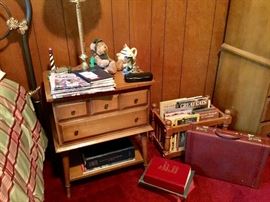 Bedside table,vintage  books, magazines, briefcase 