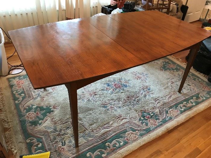 Mid Century walnut dining table and 6 matching, embroidered chairs $ 450.00