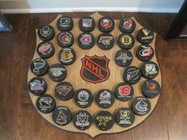 NHL Hockey Pucks on Shield.