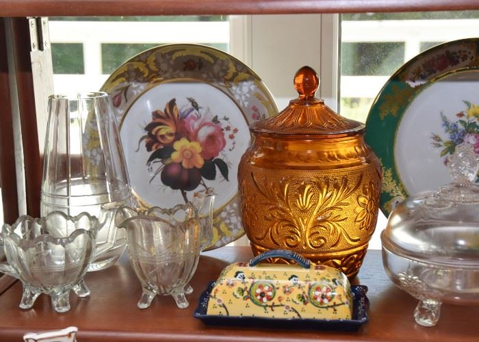 Glass Candy Dishes, Decorative Metal Plate, Butter Dish, Glass Sugar & Creamer, Crystal Vase