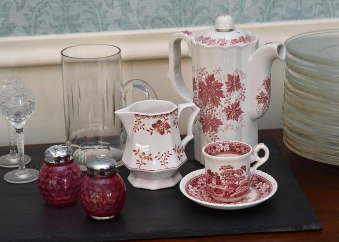 Red Transferware Coffee Pot, Creamer & Teacup, Cranberry Glass Salt & Pepper Shakers
