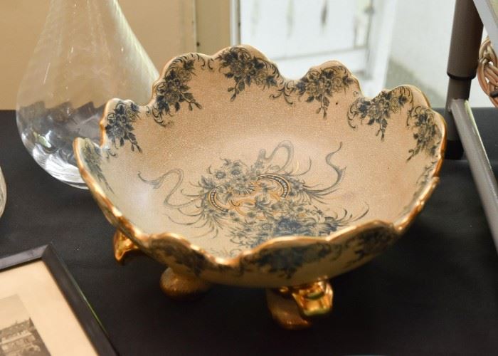 Vintage Pottery Centerpiece Bowl, Gold Detailing