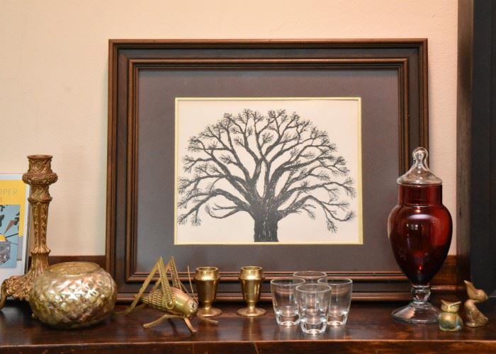 Framed Artwork of Tree, Brass Collectibles, Ruby Glass 