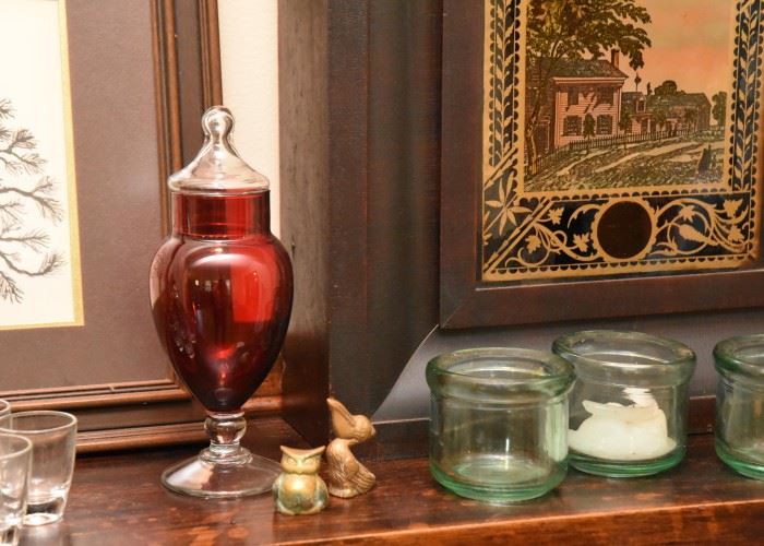Ruby Glass Jar, Brass Miniatures, Candle Holders