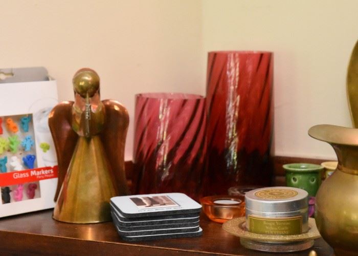 Brass & Copper Angel Figure, Red Glass Vases 