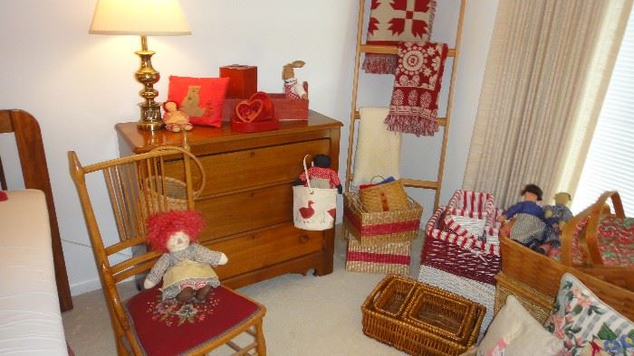 Primitive chest of drawers, needlepoint chair, baskets, blanket ladder, 
