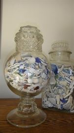 Large vintage Glass Jars, Filled with broken China pieces 