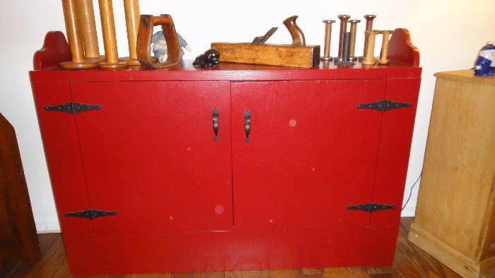 Primitive Storage Red Cabinet, Long and narrow, Vintage wood spools 