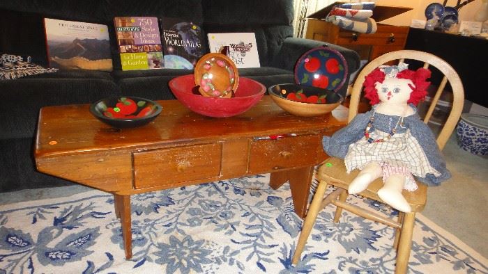 Pine Primitive table, folk art bowls 