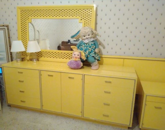 Mid-Century Yellow Lacquer Bedroom Furniture, including King Headboard w/Frame