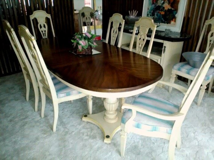 Vintage Dining Table & 8 Chairs (shown with 1 of 2 leaves)