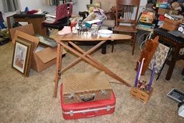childs ironing board, vintage suit cases, marbles
