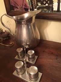 Pewter pitcher, salt and pepper shakers.