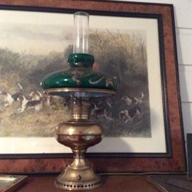 Antique Lamp and Hunting Scene Art