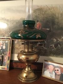 Brass oil lamp with beautiful green shade