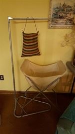 vintage laundry rack, basket and clothes pins