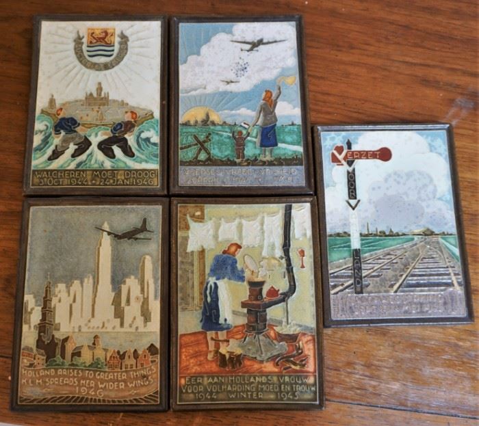 1940's Delft cloisonne tiles - includes Food drop, Liberation of the Netherlands, one to honor Dutch women, KLM's first flight to America, and one for reclaiming the flooded land