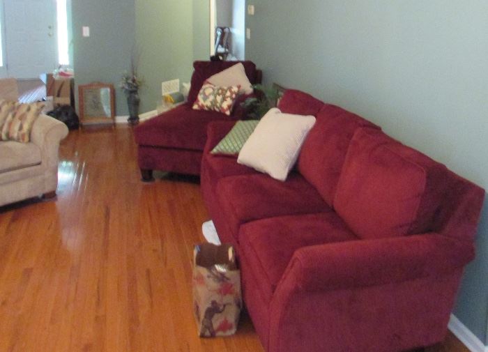 Red Lazboy sofa & loveseat, only these two pieces available...other pictures showing different views of same set