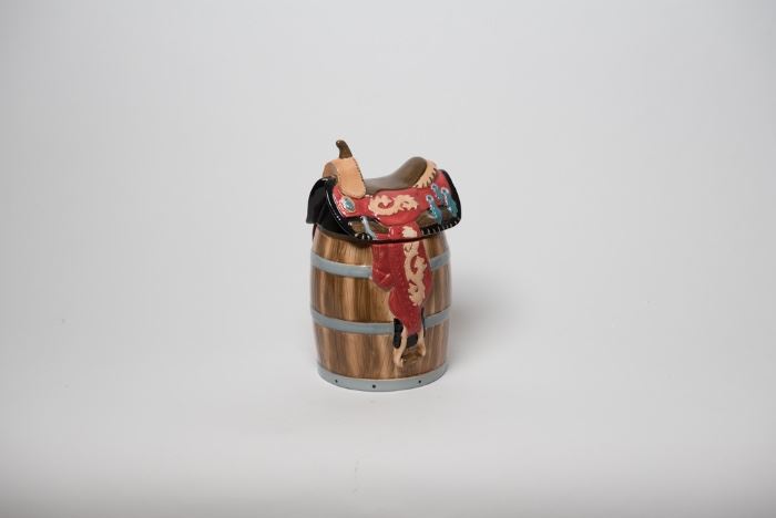 Wooden Barrel With Saddle Cookie Jar