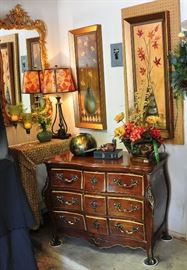 Beautiful bouille drawer chest, Bassett fancy mirror, retro inspired prints and other designer touches